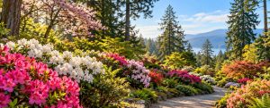Blooming pink and white azaleas along a garden path under tall evergreen trees