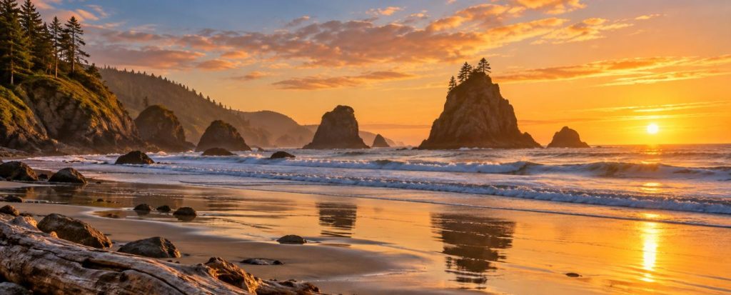 Golden sunset over a sandy Oregon beach with sea stacks and driftwood