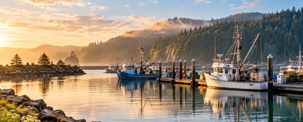 Fishing boats at a calm Oregon coast harbor at sunrise