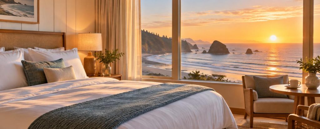 Illustrative coastal hotel room with an ocean view at sunrise