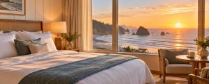 Illustrative coastal hotel room with an ocean view at sunrise