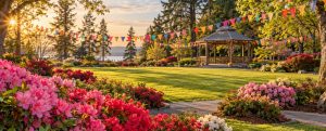 Blooming azaleas, colorful bunting and a gazebo in a park at sunset