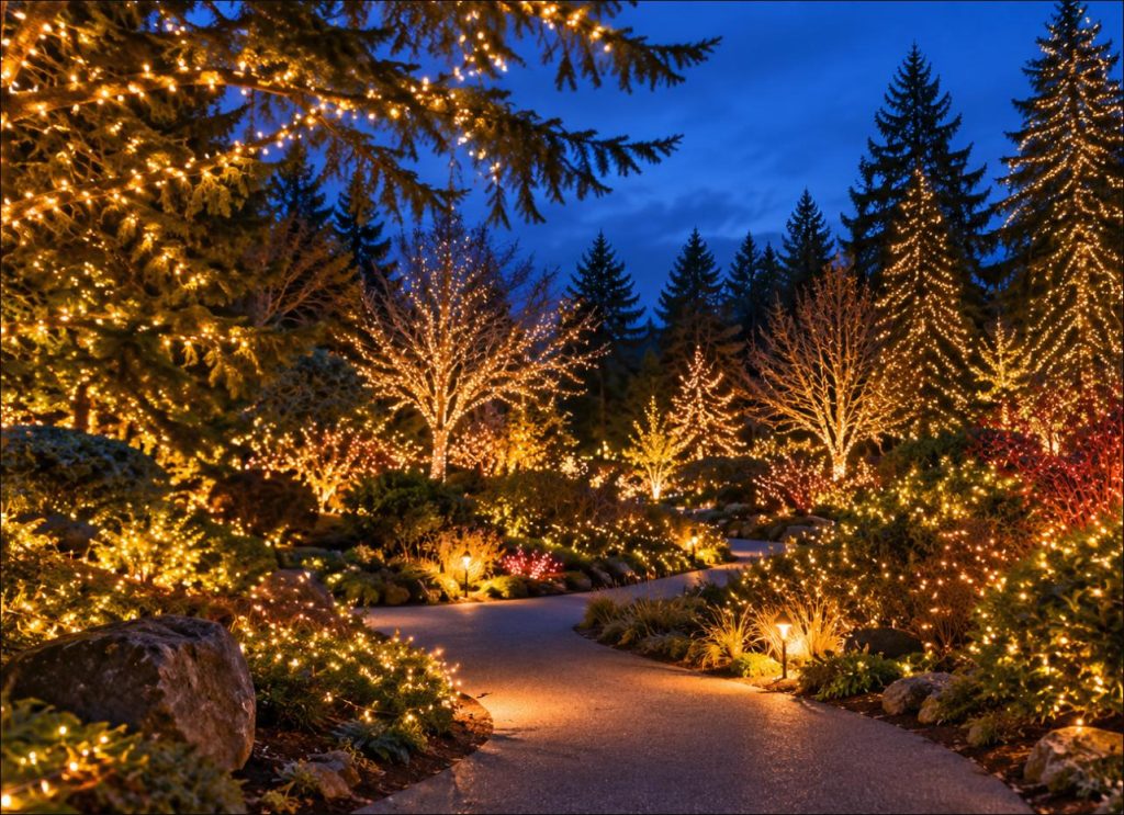 Illustration of holiday string lights glowing on evergreen trees along a garden path at twilight