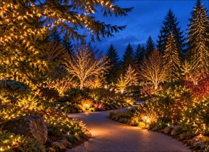 Illustration of holiday string lights glowing on evergreen trees along a garden path at twilight