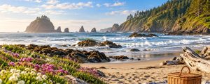 Sunny Oregon coast beach with sea stacks, wildflowers and a picnic basket
