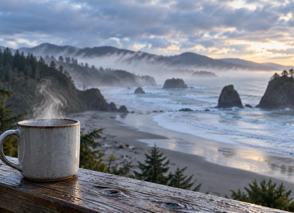 Steaming mug on a wooden railing overlooking a misty winter beach with sea stacks on the Oregon coast (illustration)