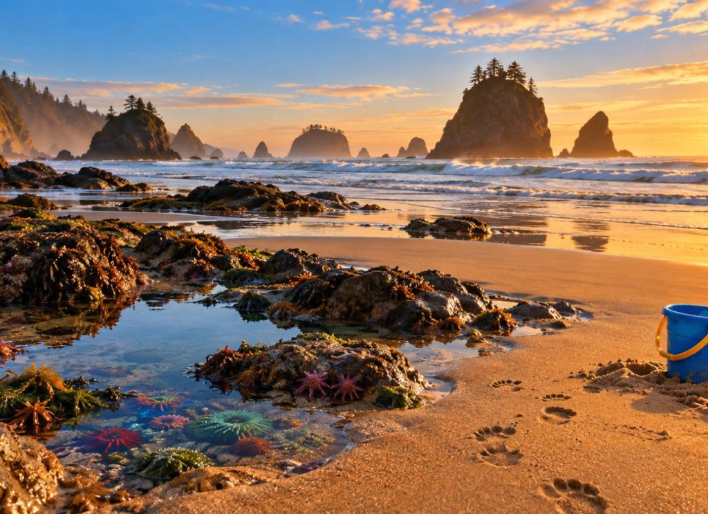 Illustration of a sandy Oregon beach with tide pools, sea stacks at sunrise, a child bucket and small footprints in the sand