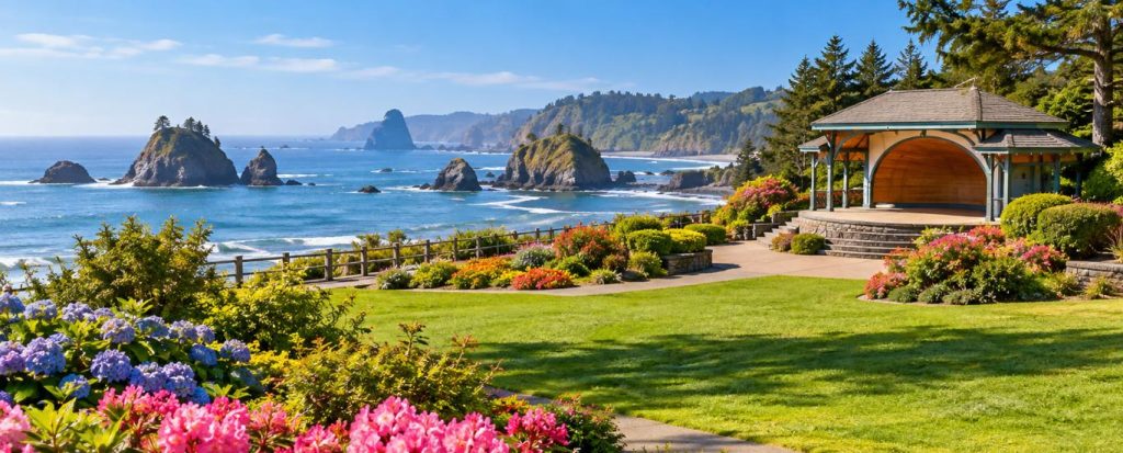 Sunny seaside park with flower beds, a band shell and sea stacks on the Oregon coast