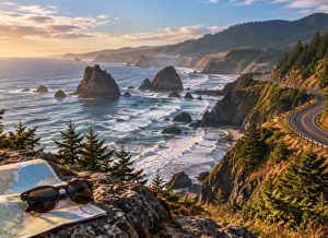Illustration of a winding coastal highway above sea stacks and surf on the southern Oregon coast, with a road map and sunglasses on a rock