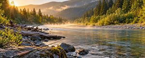 Misty Oregon river at sunrise with a fishing rod resting on a mossy rock