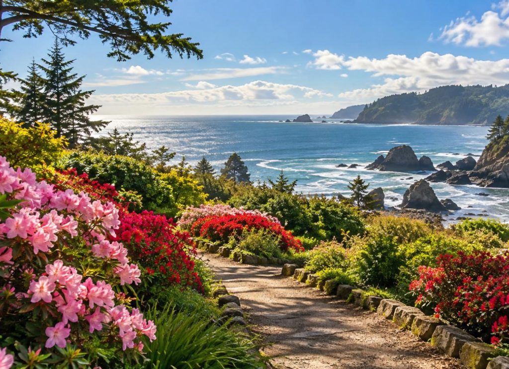 Pink and red azaleas lining a coastal garden path with a view of the Pacific and sea stacks (illustration)