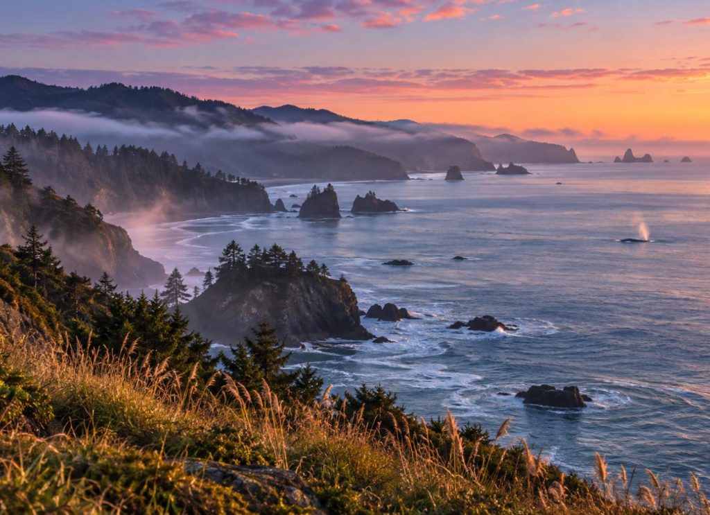 Pink dawn light over misty headlands and sea stacks with a distant whale spout off the Oregon coast (illustration)