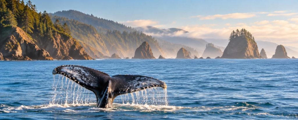 Whale tail rising from the ocean in front of Oregon coast sea stacks at sunrise