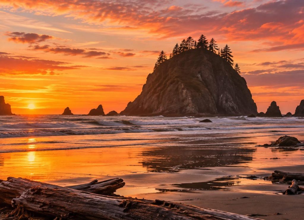 Orange sunset over a large sea stack and wet sand with driftwood on the south Oregon coast (illustration)