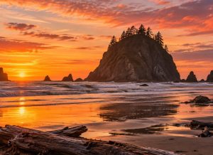 Orange sunset over a large sea stack and wet sand with driftwood on the south Oregon coast (illustration)