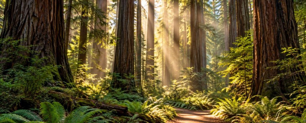 Sunlight through tall redwood trees above a forest path with ferns