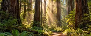 Sunlight through tall redwood trees above a forest path with ferns