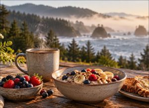 Coffee, oatmeal, berries and toast on a wooden table with a misty Oregon coast view behind