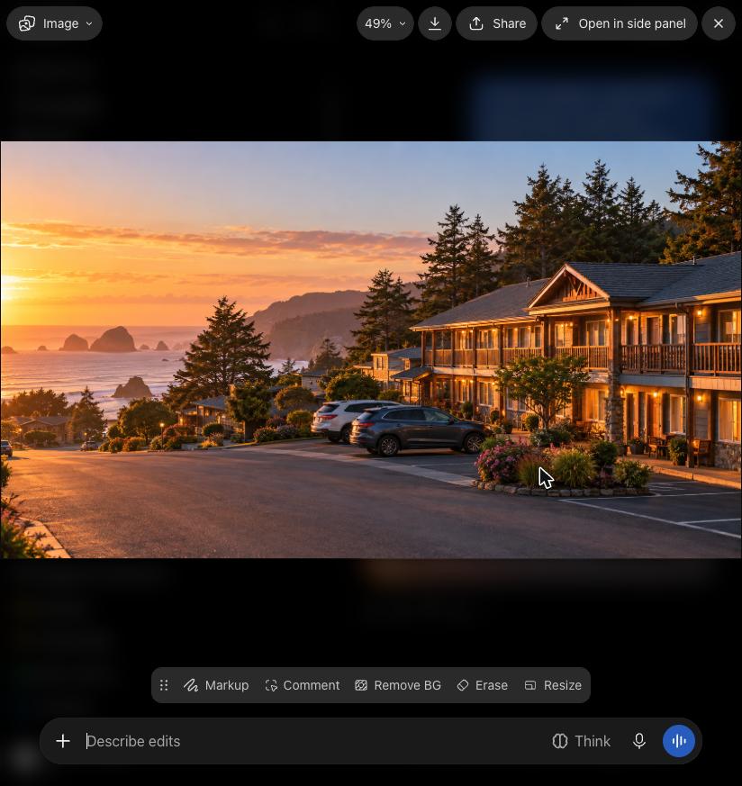 Golden hour view of a welcoming in-town lodge on the Oregon coast with sea stacks in the distance