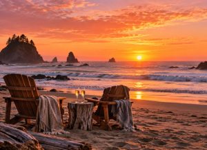 Illustration of two empty wooden beach chairs with blankets and two glasses on a driftwood table at an Oregon coast sunset