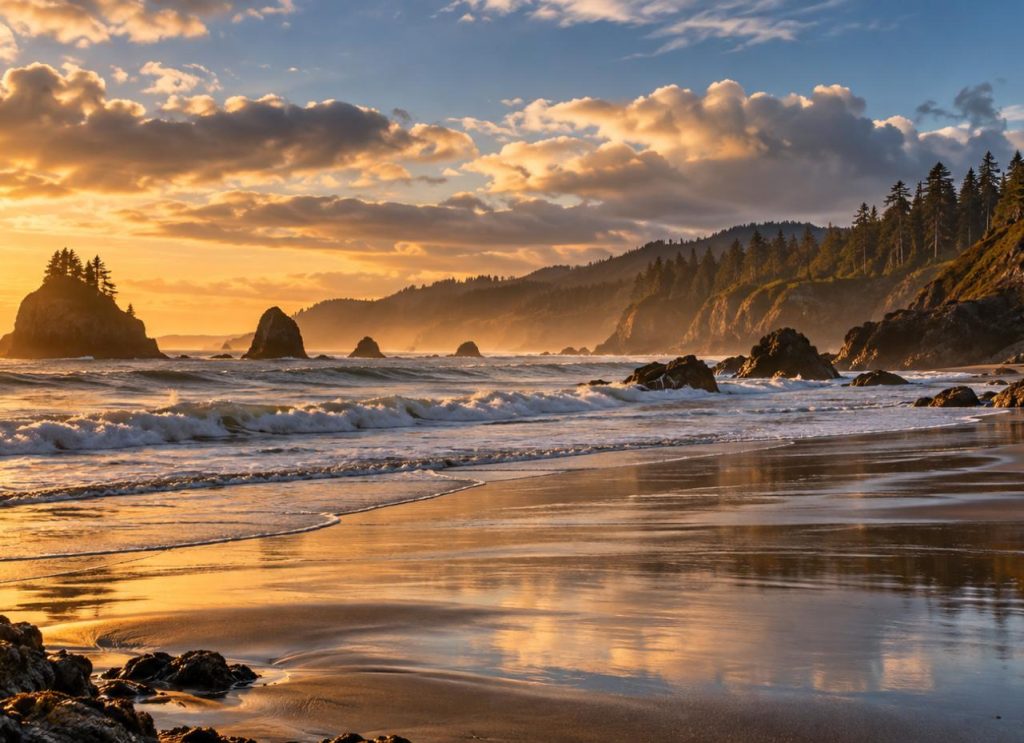 Golden light over a quiet beach and sea stacks on the southern Oregon coast in late autumn
