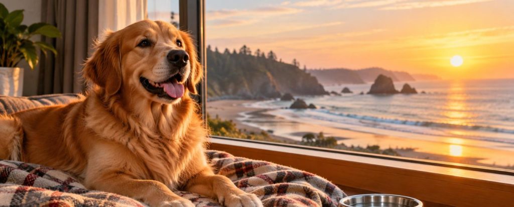 Illustration of a golden retriever resting on a plaid blanket by a window with an ocean sunrise view, with a water bowl and leash