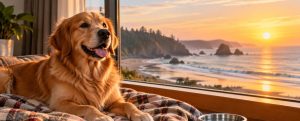 Illustration of a golden retriever resting on a plaid blanket by a window with an ocean sunrise view, with a water bowl and leash