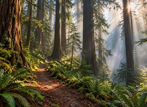 Sunlight through mist on a fern-lined trail among tall redwood trees (illustration)