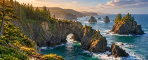 Natural rock arch and sea stacks beside forested cliffs on the Oregon coast