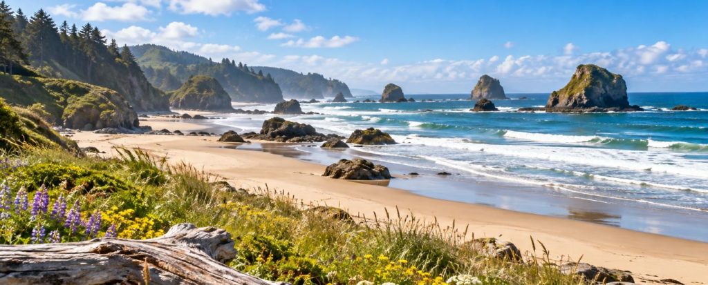 Sunny spring beach on the Oregon coast with sea stacks, wildflowers and driftwood