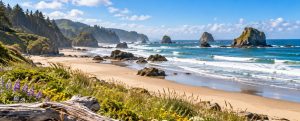 Sunny spring beach on the Oregon coast with sea stacks, wildflowers and driftwood