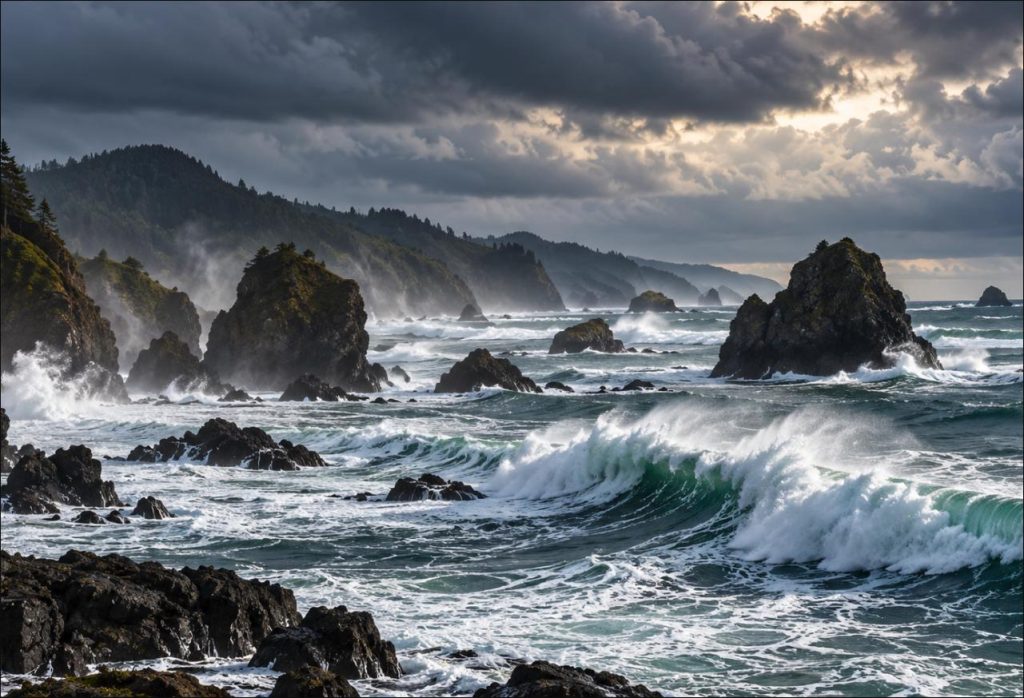 Large winter waves breaking on rocky sea stacks along the Brookings Oregon coast