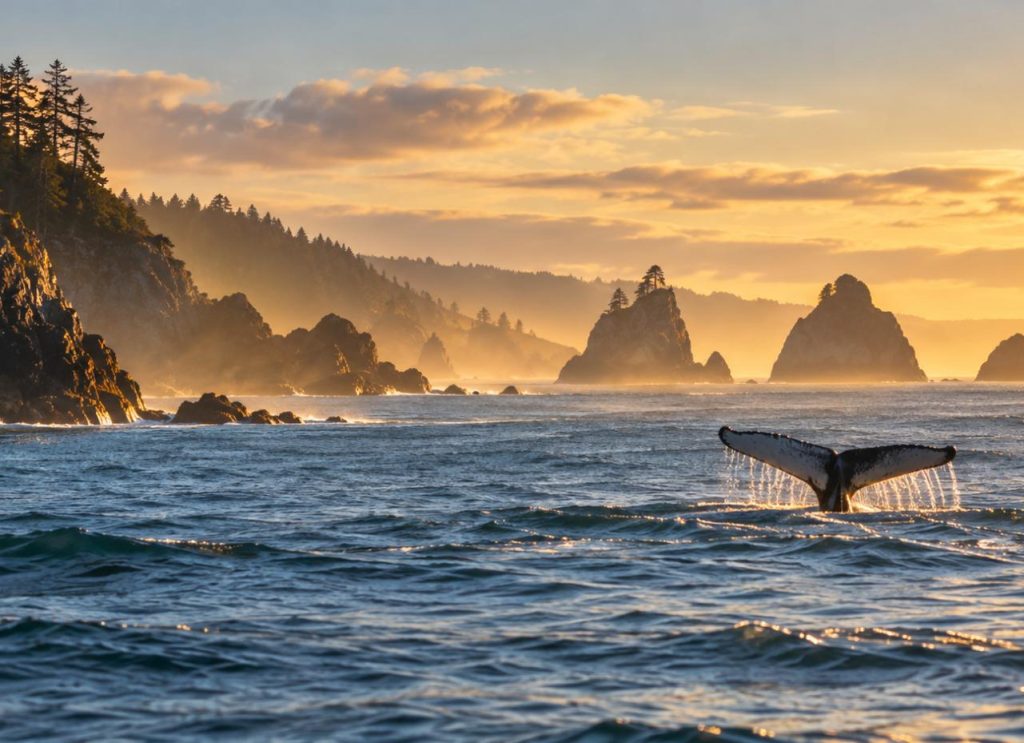 Gray whale tail rising above the Pacific Ocean at sunrise near sea stacks on the southern Oregon coast (illustration)